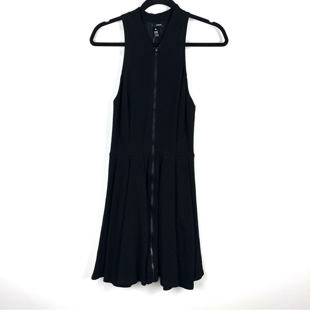 Aqua Ribbed Skater Dress Black Sleeveless Zip Front Pleated Women’s Medium NWT
